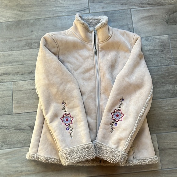 LL Bean Embroidered Faux Suede Sherpa Lined Zip Up Jacket Womens Medium Beige - Picture 2 of 8